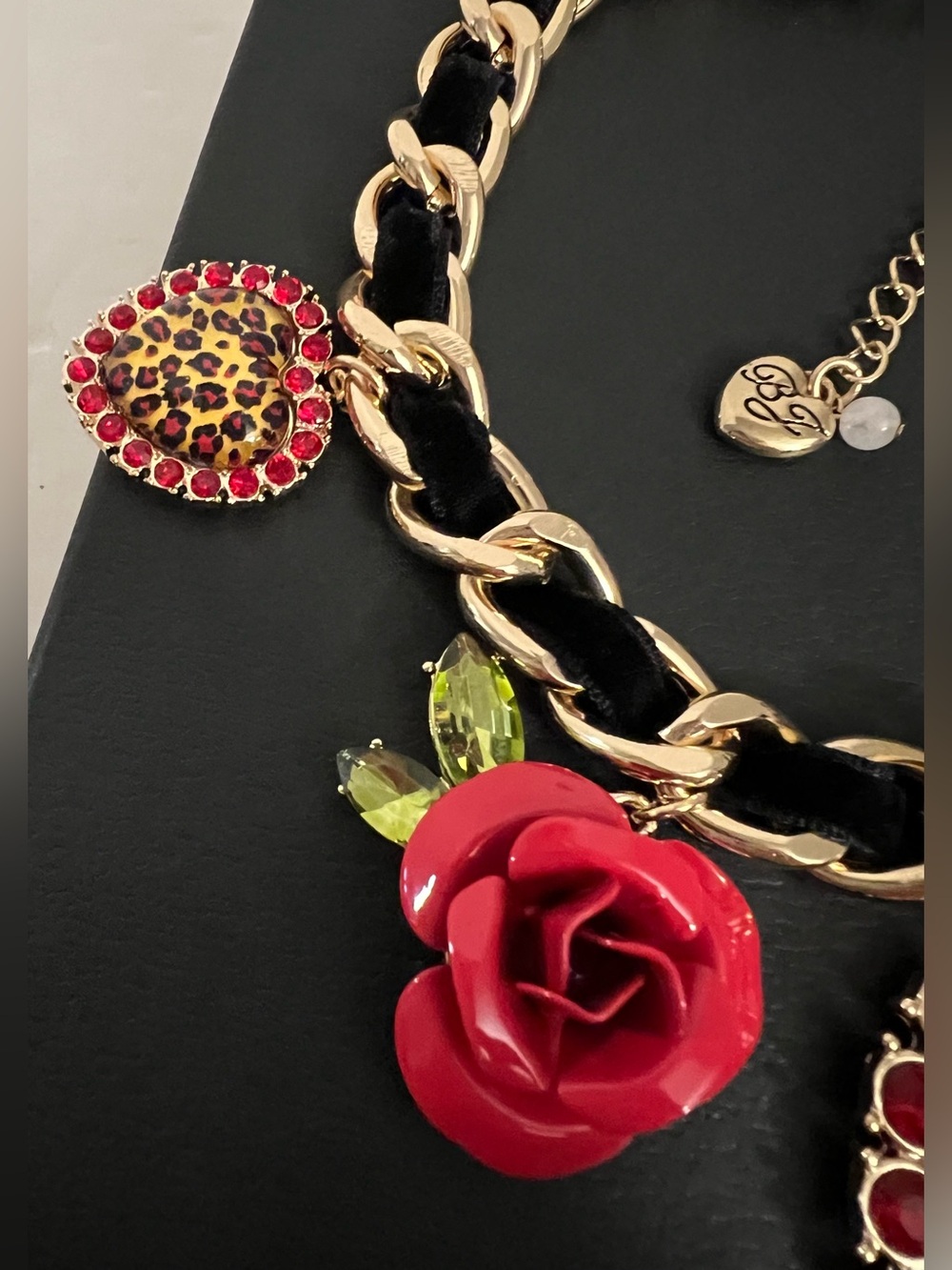 Betsey Johnson Gold-Tone Chain Necklace with Red Roses and Leopard Heart - Picture 13 of 16